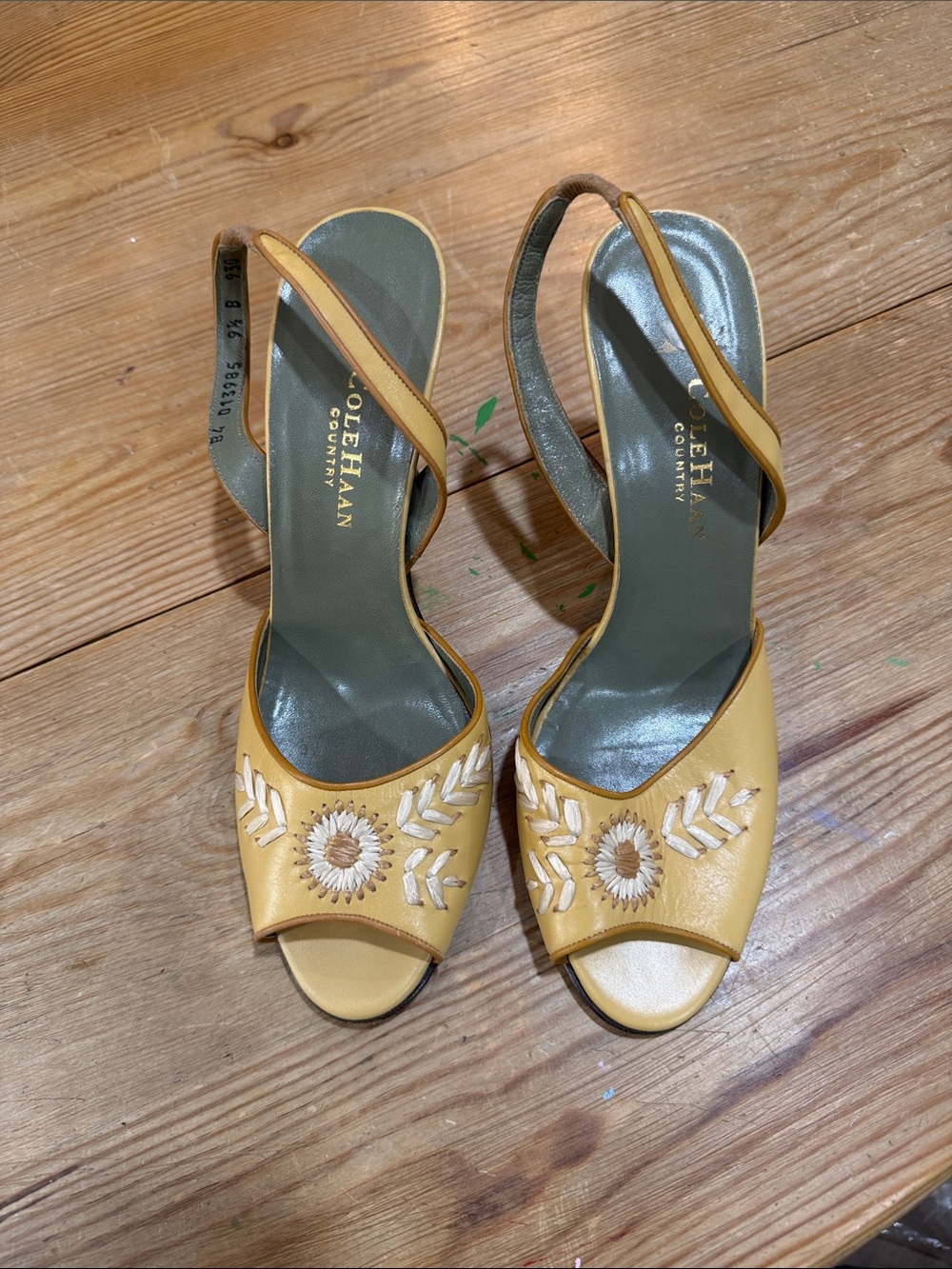 Cole Haan Yellow Embroidered Peep-Toe Slingback Heels